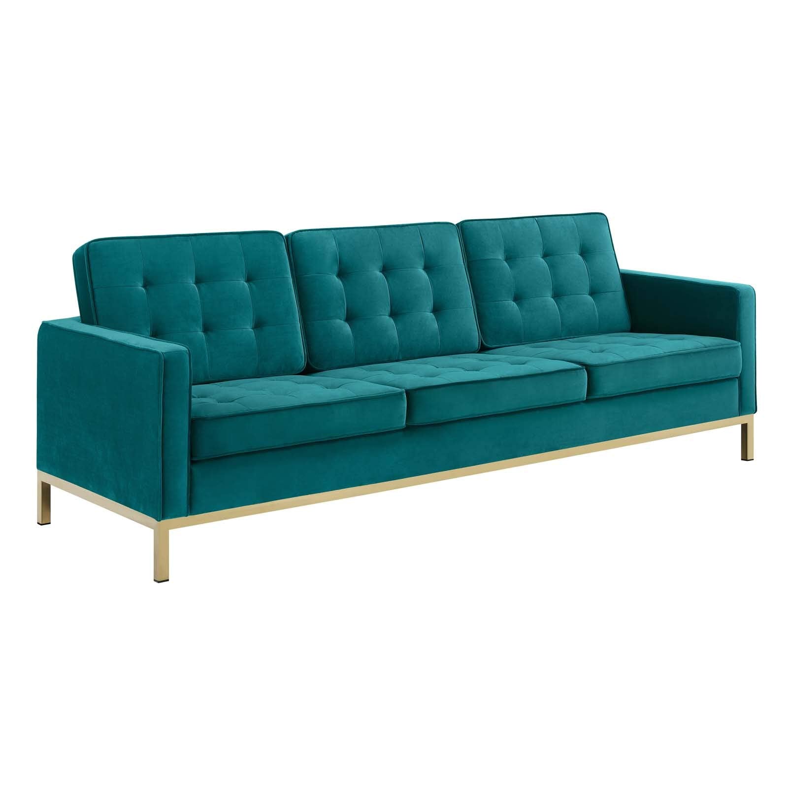 Modway Loft Tufted Button Performance Velvet Upholstered Sofa In Gold Teal